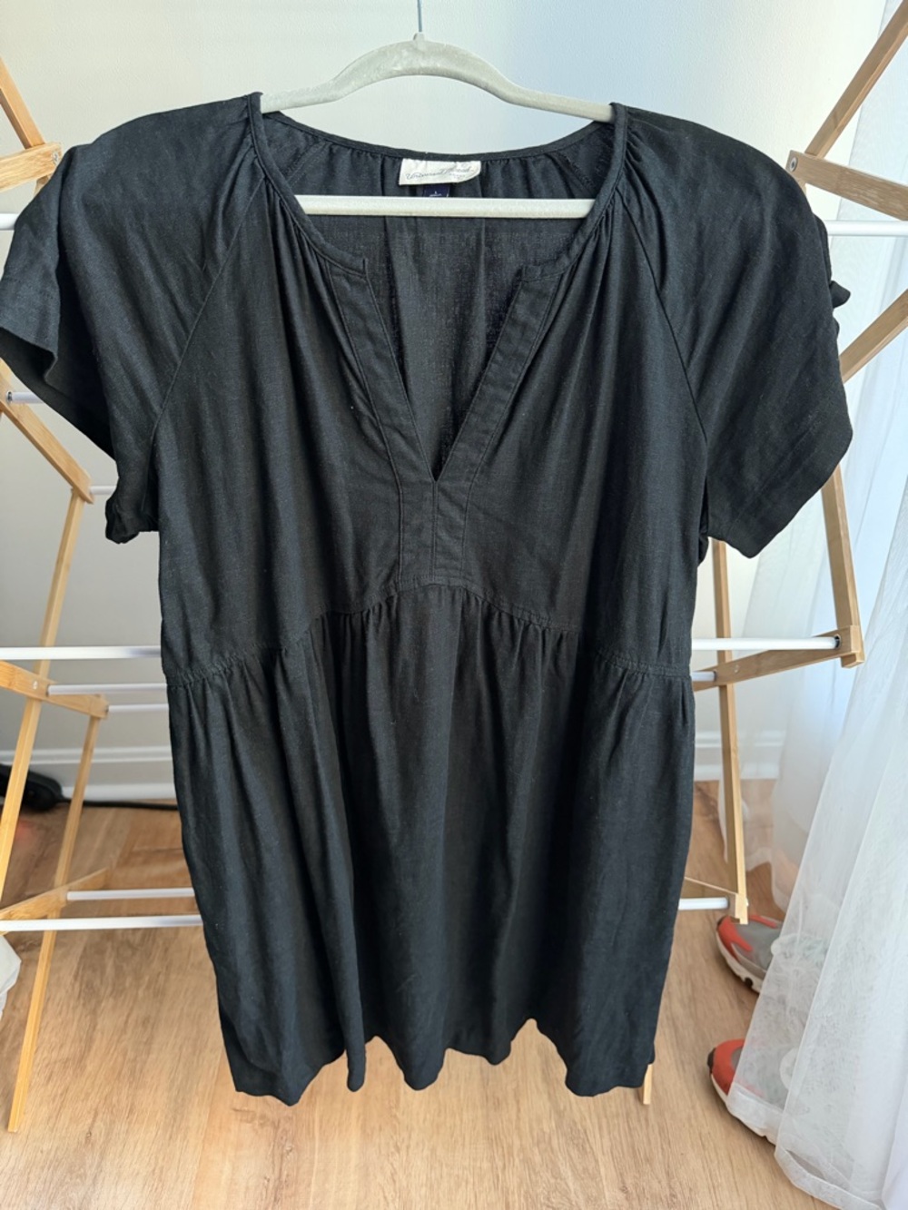 Black Short-Sleeve V-Neck Smocked Waist Dress